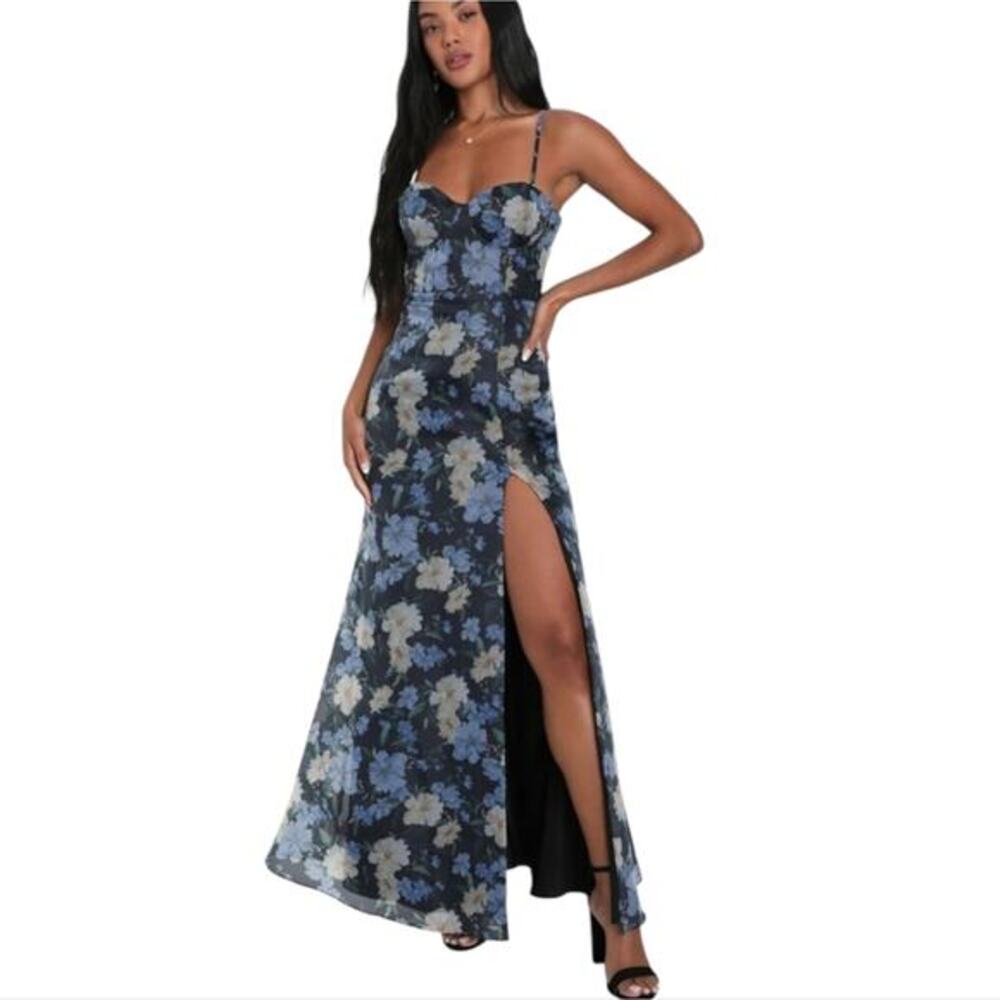 LULUS Sophisticated Sweetness Black Floral Print Bustier Maxi Dress Thigh Slit L